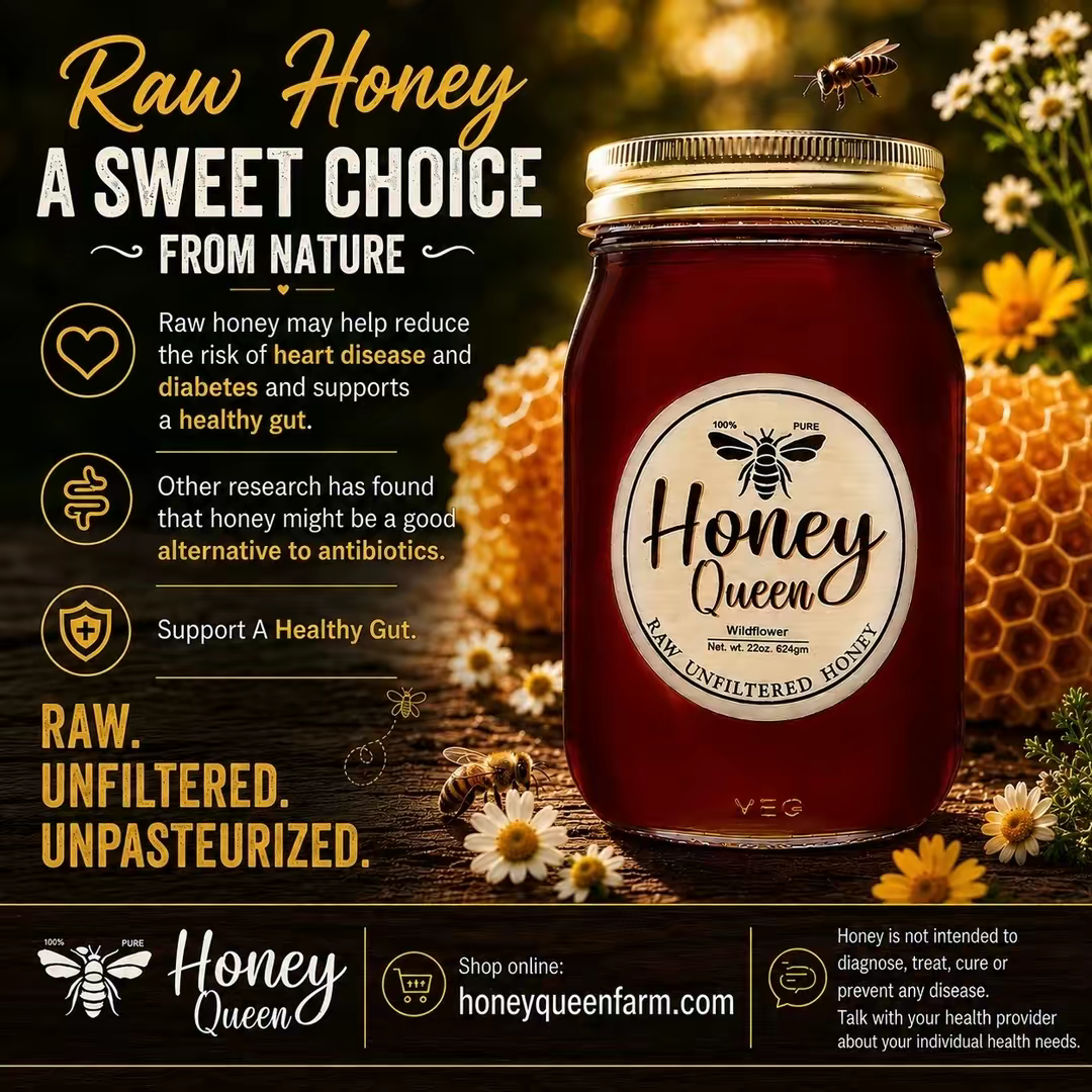 Raw honey helps reduce the risk of heart disease and diabetes and supports a healthy gut. Other research has found that honey might be a good alternative to antibiotics.Speak with your health provider..